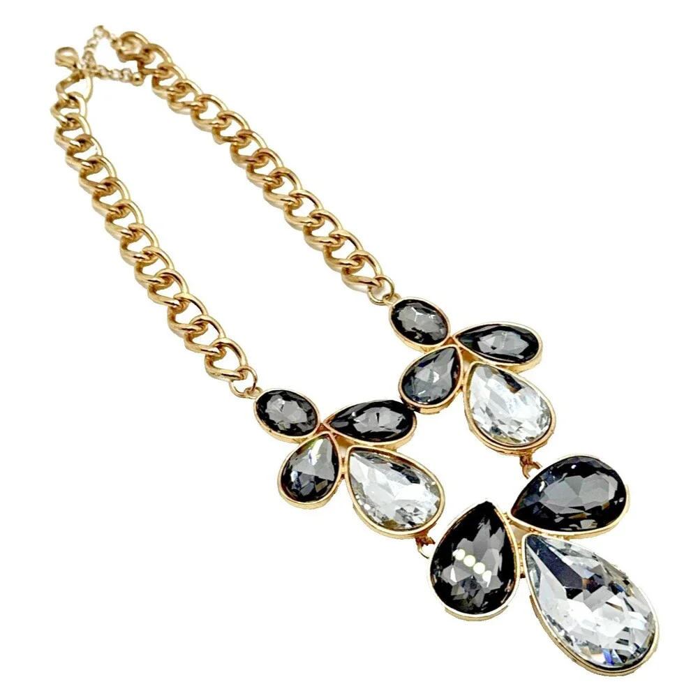 Rhinestone Bib Necklace Clear Smoky Faceted Floral Statement 18-20